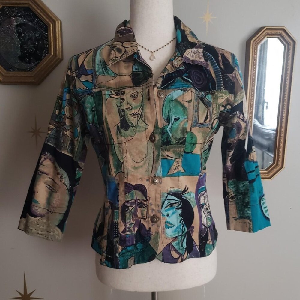 Vtg Kaktus Small Graphic Blazer w Abstract Faces, Cotton, Moody colors